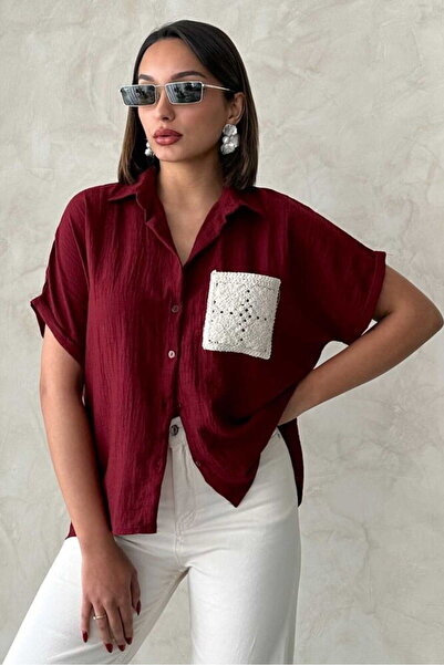 Butikalaçatı Appliqué Pocketed Linen Women's Shirt