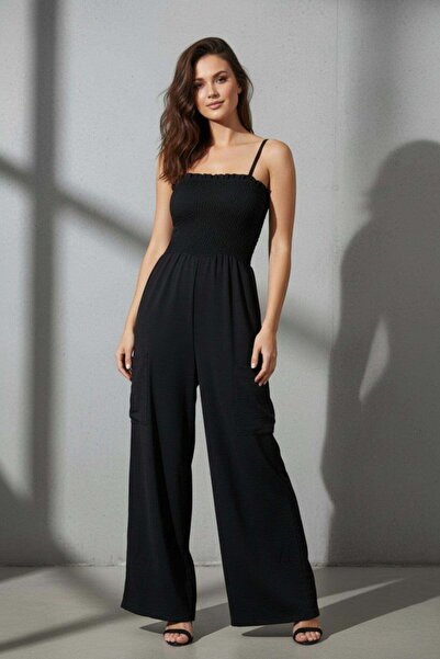 Mossta Gipeli Top Detailed Wide Leg Women's Jumpsuit - Black