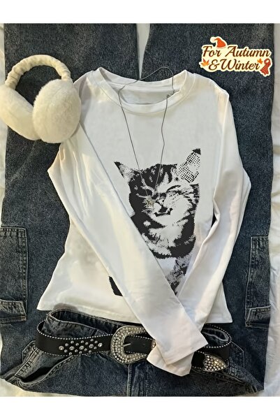 Toum Long Sleeve Vintage Cat Printed Blouse Body