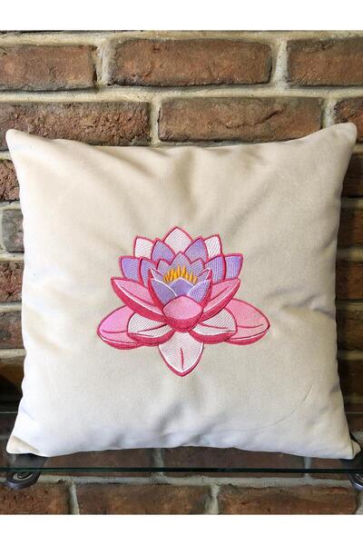 harmony factory Embroidered Velvet Beige Cushion Cover Lotus Flower Decorativ...