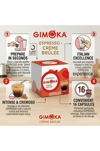 Gimoka Creme Brulee Coffee Capsules 16 Pods Dolce Gusto Compatible