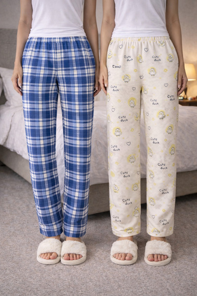 MODABOX 100% Cotton Combed Single Jersey Double Set of 2 Women's Pajama Bottoms