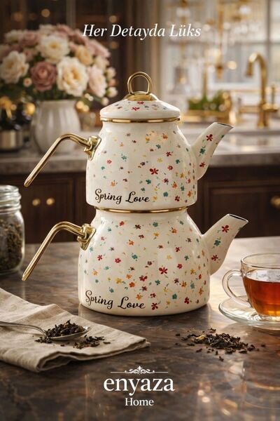 ENYAZA(2024) Spring Love Emaye Çaydanlık Seti Lüx Çiçek Desen Gold Kulp 2.1 +...