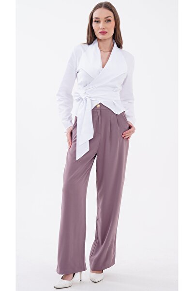 Vinales High Waist Gold Buttoned Drapey Pleated Straight Leg Trousers