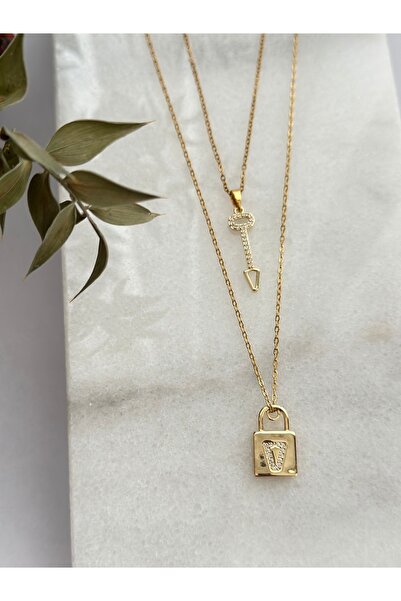 mibrillo Steel Zircon Stone Key Lock Pendant Trend Double Necklace Set