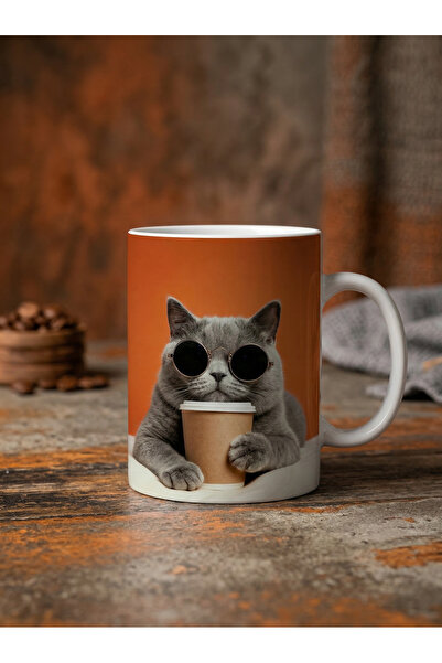 NİVRA GRUP Cute Cat with Glasses Printed Porcelain Digital Print 330ml. Coffe...