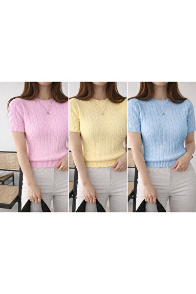 FlosTeel 3 Adet Kadın Saç Örgü Desenli Triko Tişört