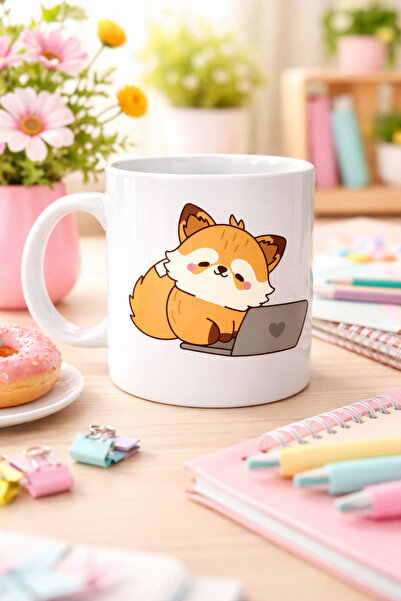 CT STONES Cute Fox Design Porcelain Mug Model 115 – Sweet Fox with Laptop Fig...