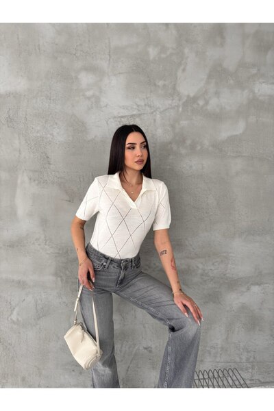 Noi Belis Polo Collar Diamond Patterned Fine Knit Blouse Ss26Bz0081