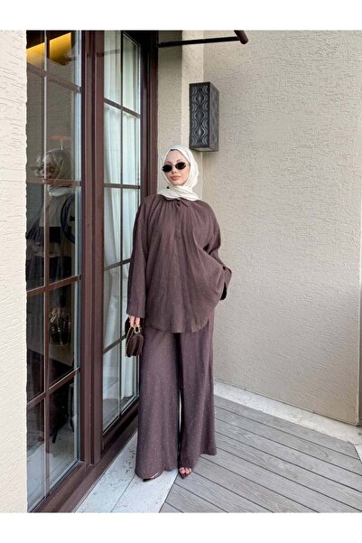 Miraydın Butik Women's Stone Detailed Pants Set M41411 - Brown