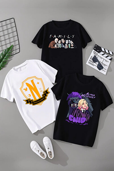 MAGORS WEDNESDAY BASKILI PAMUKLU KISA KOLLU 3'LÜ PAKET GENÇ VE ÇOCUK TSHIRT
