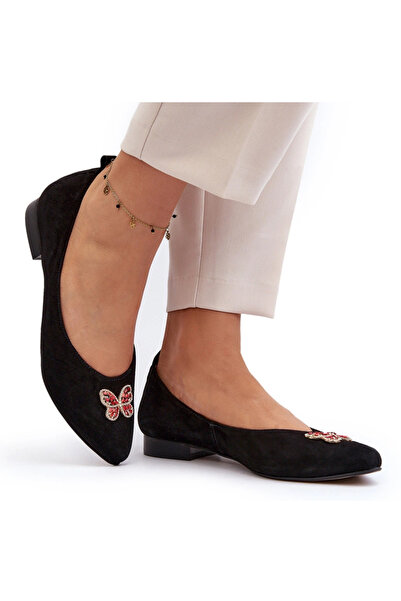 Zazoo Balerini 2887 din piele întoarsă cu fluture decorativ, negri, 41