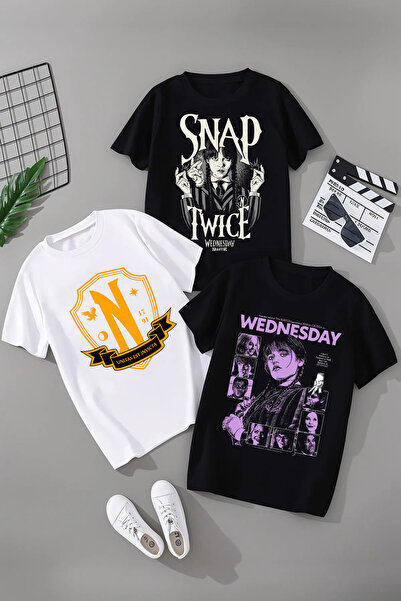 MAGORS WEDNESDAY BASKILI PAMUKLU KISA KOLLU 3'LÜ PAKET GENÇ VE ÇOCUK TSHIRT
