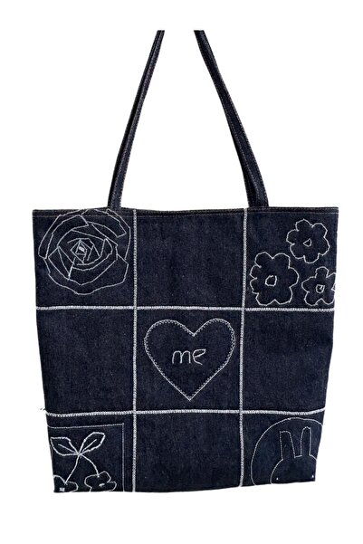 Smonday Nakış Detaylı Denim Kadın Tote Omuz Çantası /Tote Bag