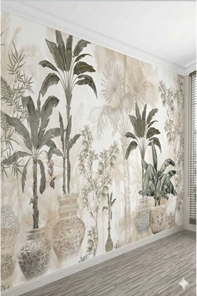dekoartizan Tropikal Bitki ve Vazo Desenli Bej Duvar Kağıdı