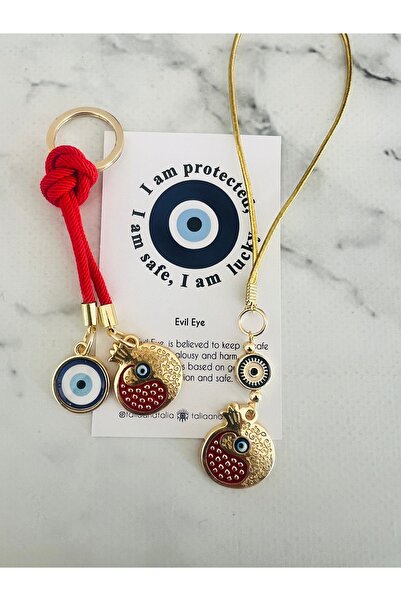 Talia&Talia Nazar Beaded Nar Keychain & Car Rear View Mirror Ornament Set - G...