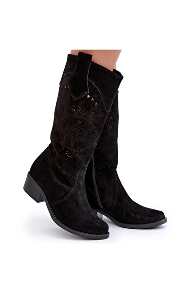 Zazoo 4043 Suede Low Heel Cutout Boots Black 36