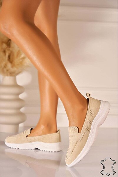 Joana Women's Beige Suede Leather Loafers Krysta 37