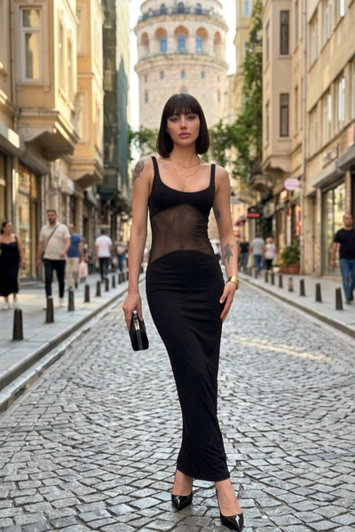 New Now Women's Tulle Detailed Waist-Cut Out Sandy Fabric Maxi Dress