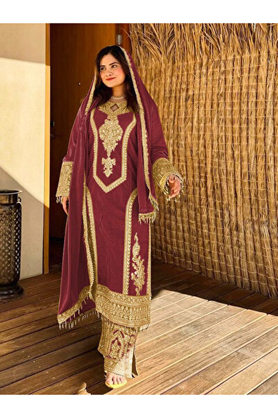 MYSMAR طقم من حرير شينان بلون عنابي مكون من بلوزة وبنطال وشال - HRT7502 - عنابي