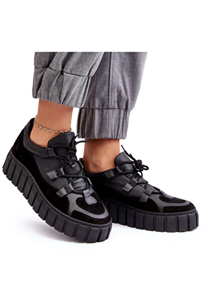 Zazoo Pantofi sport din piele pentru femei cu platformă M01/1 negru 39