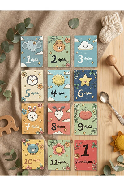 LoveStore Bebek Anı Kartı 12 Adet Bebek Hediyelik Bebek Aylık Anı Kartları Fo...