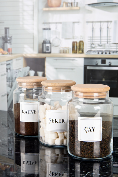 NYL HOME 3'lü Ahşap Vakumlu Kapaklı Çay Şeker Kahve Tuz Kavanozu Cam 1000 ML