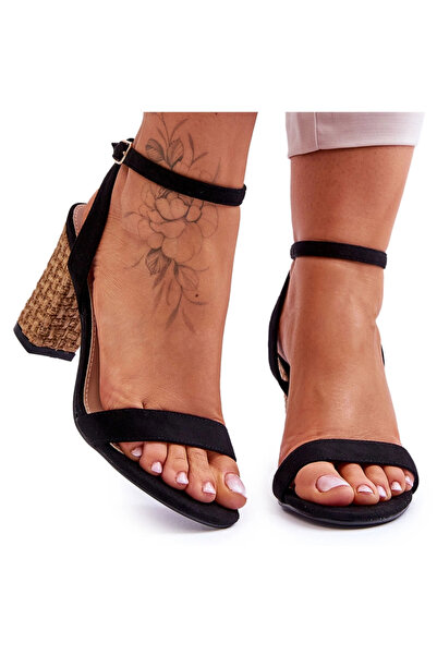 BOTO Sandale din piele întoarsă cu toc împletit, negre, Selila 41