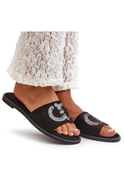 S.BARSKI Șlapi plati pentru femei cu paiete KV27-052 Negru 36