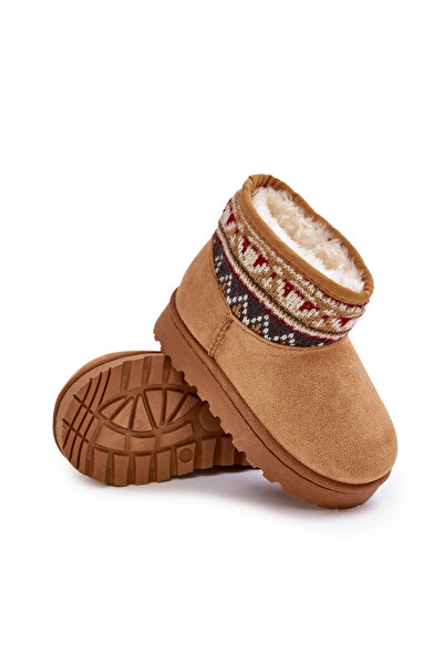 BOTO Slip On Snow Boots For Kids With Patterned Insert Lined With Fur Camel M...