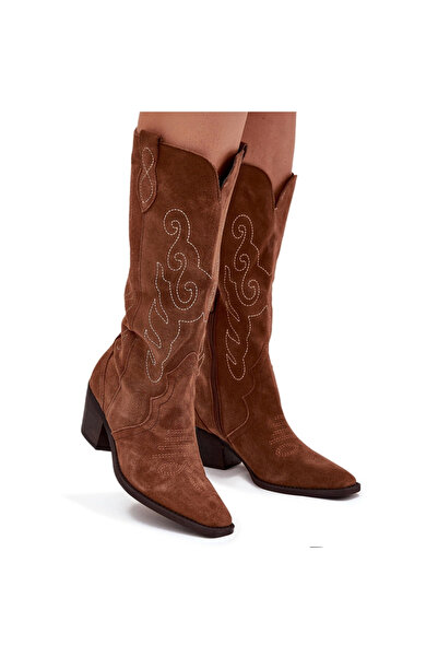 Zazoo Suede Cowboy Boots For Women With Heel Camel Karira 36