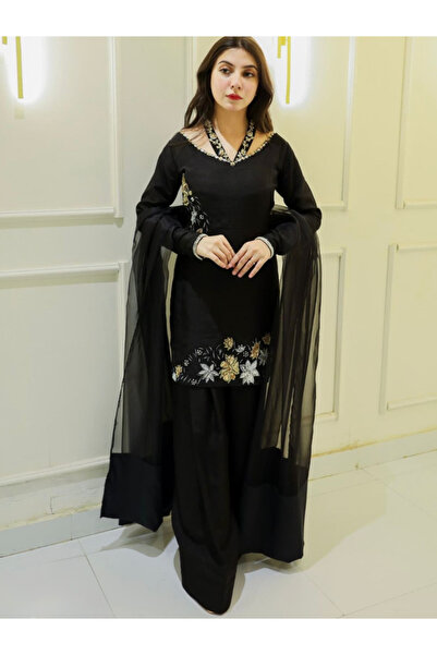 MYSMAR طقم من قماش الكريب حرير الطبيعي الأسود (بلوزة وبنطال وشال) - HRT7433 -...