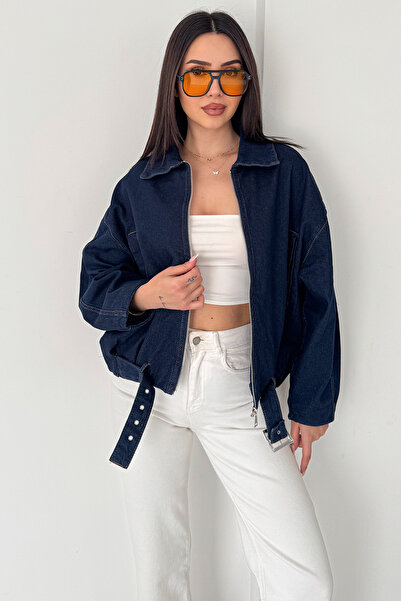 Noa&Noa جاكيت دينيم نسائي تفاصيل حزام – جاكيت كبير الحجم بسحاب دنيم باللون ال...