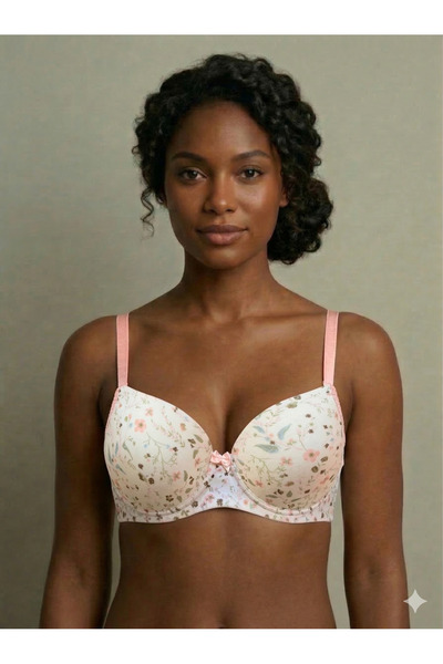 Lavint Homewear Çi̇çek D Patterned Silicone Bal Wired Lgulu Salmon-Ekru Bra