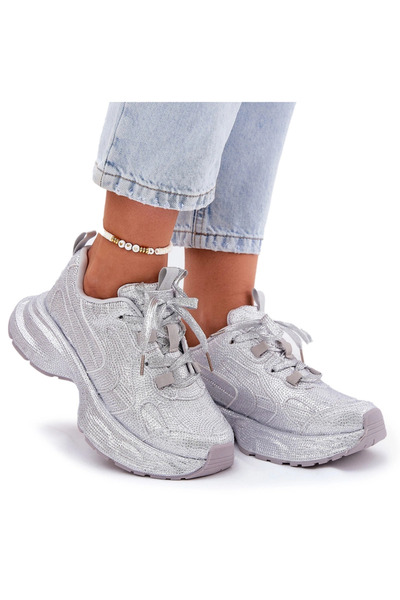 BOTO Women's Sneakers Decorated with Rhinestones Silver Porrot 40