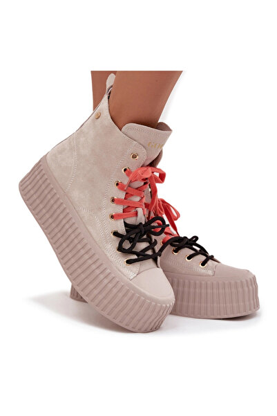 GOE Suede Insulated Women's Sneakers On Chunky Platform SS2N4047 Beige 36