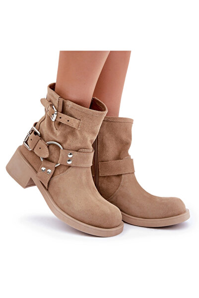 Zazoo Toc bloc de damă din piele piele întoarsă cu toc jos și barete 3644 bej 39