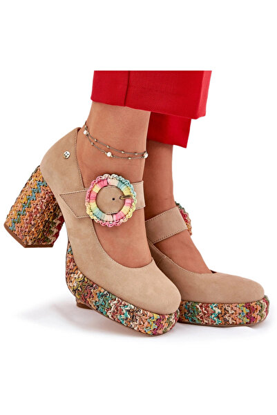 maciejka Suede Pumps With Weaving On Heel And Platform 06839-04 Beige 39