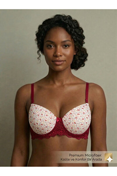 Lavint Homewear Çi̇çek D Patterned Silicone Dan Lace Bale Wired Gulu Red-Ekru...