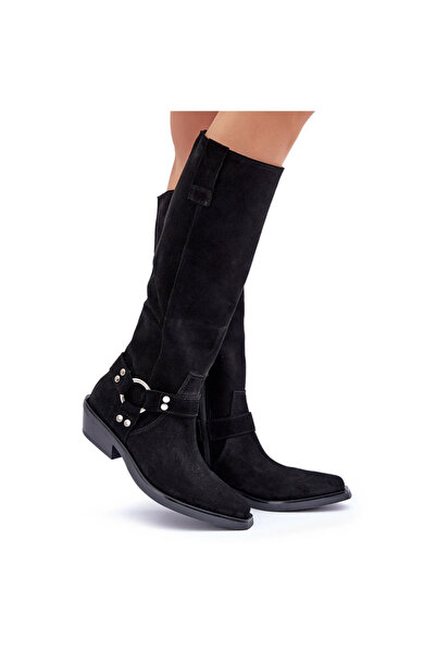 Zazoo Cizme cowboy din piele întoarsă cu toc jos și decorațiuni 3656 Negru 37