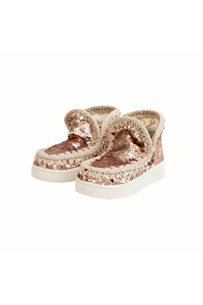 PETIT-ATELlER Girls Rose Gold Sequin Moccasin Ankle Boot Crochet Collar Glitt...