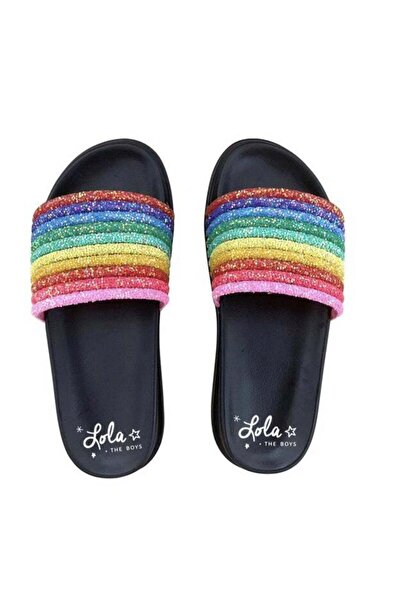 PETIT-ATELlER Women Black Flat Open Toe Slide Sandals Rainbow Glitter Multi C...