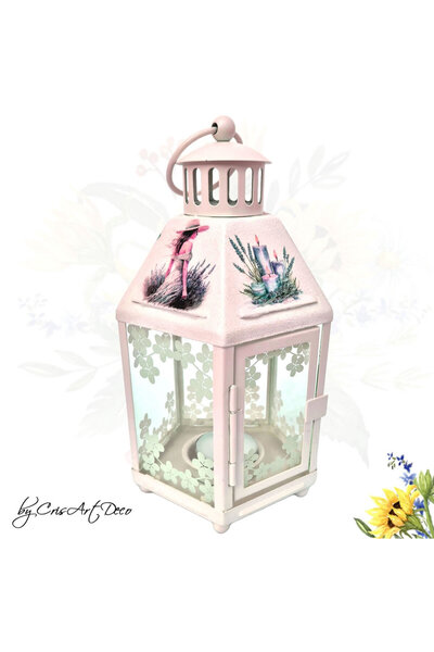 CrisArtDeco White Decorative Lantern with Lavender Pattern