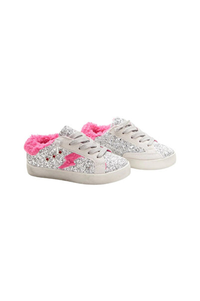 PETIT-ATELlER Kids Silver Glitter Sneaker Pink Fur Collar Lightning Bolt Lace...