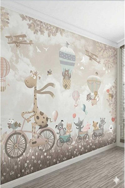 dekoartizan Sevimli Hayvanlar Bisikletli Zürafa Çocuk Odası Duvar Kağıdı