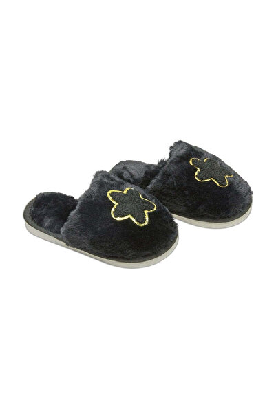 PETIT-ATELlER Women Black Plush Faux Fur Closed Toe Indoor House Slippers wit...
