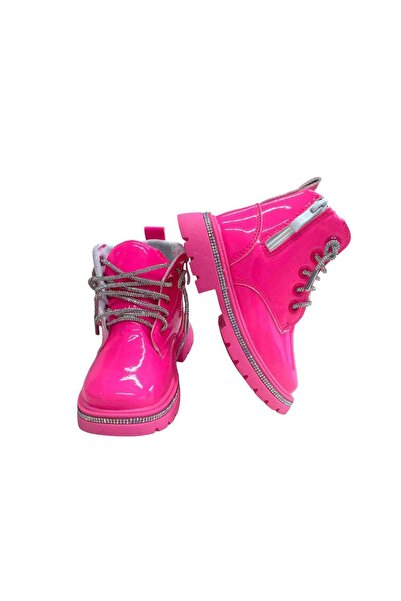 PETIT-ATELlER Kids Pink Patent Ankle Boot Rhinestone Laces Crystal Trim Side ...