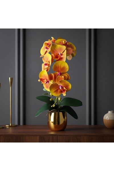 NEŞELİ ÇİÇEKLER : Yapay Çiçek Islak Orkide Lüks Gold Metal Saksıda 55 cm Deko...