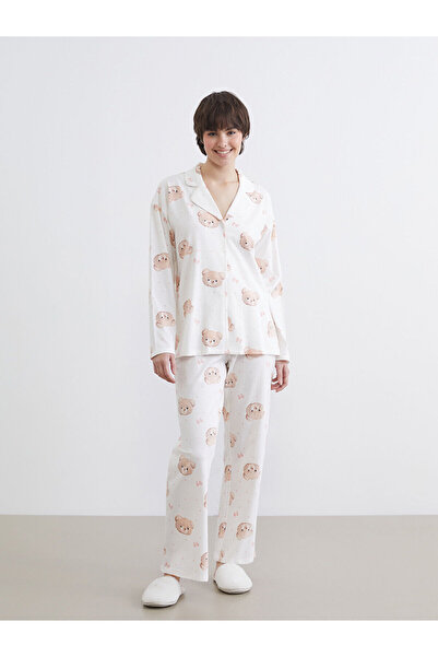 LC Waikiki Ozmarka New Season Shirt Collar Teddy Bear Printed Women's Pajama Set