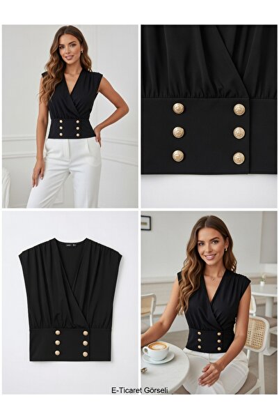 SenSev Siyah Kruvaze Bluz – Düğme Detaylı Şık Kadın Bluz